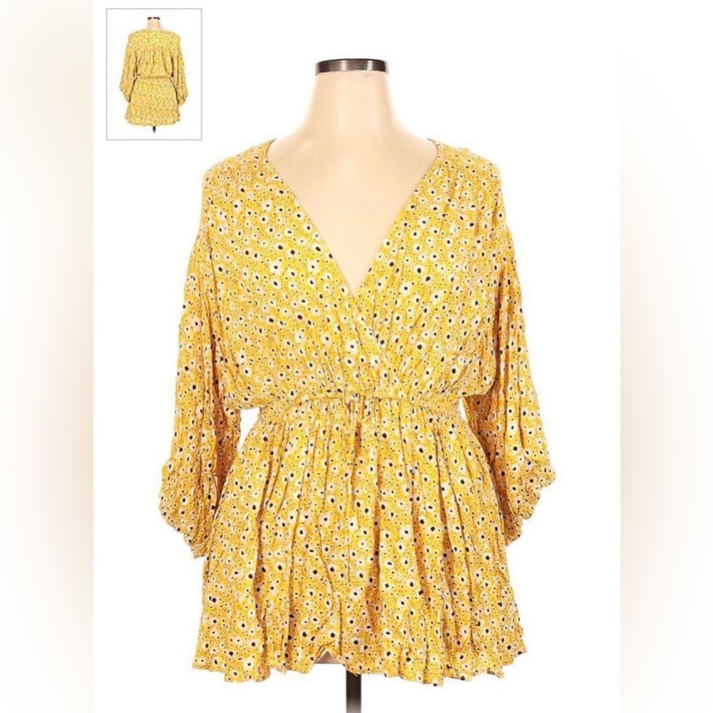 Free People Ditsy Floral Yellow Oversized Cinched Waist Top